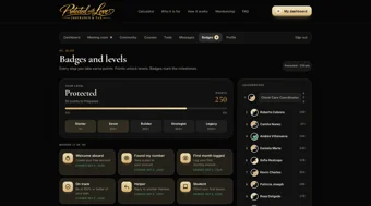 Badges and levels page with points earned and badges unlocked