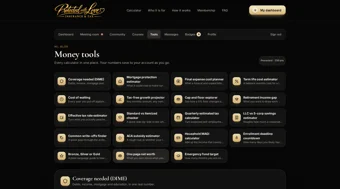 Catalog of 19 member money and coverage tools including Coverage needed DIME and Quarterly estimated tax calculator