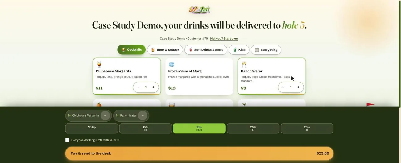 Sip n Putt cart with a Clubhouse Margarita and a Ranch Water added, an 18 percent tip selected, a 21 plus ID checkbox, and a Pay and send to the desk button totaling $23.60