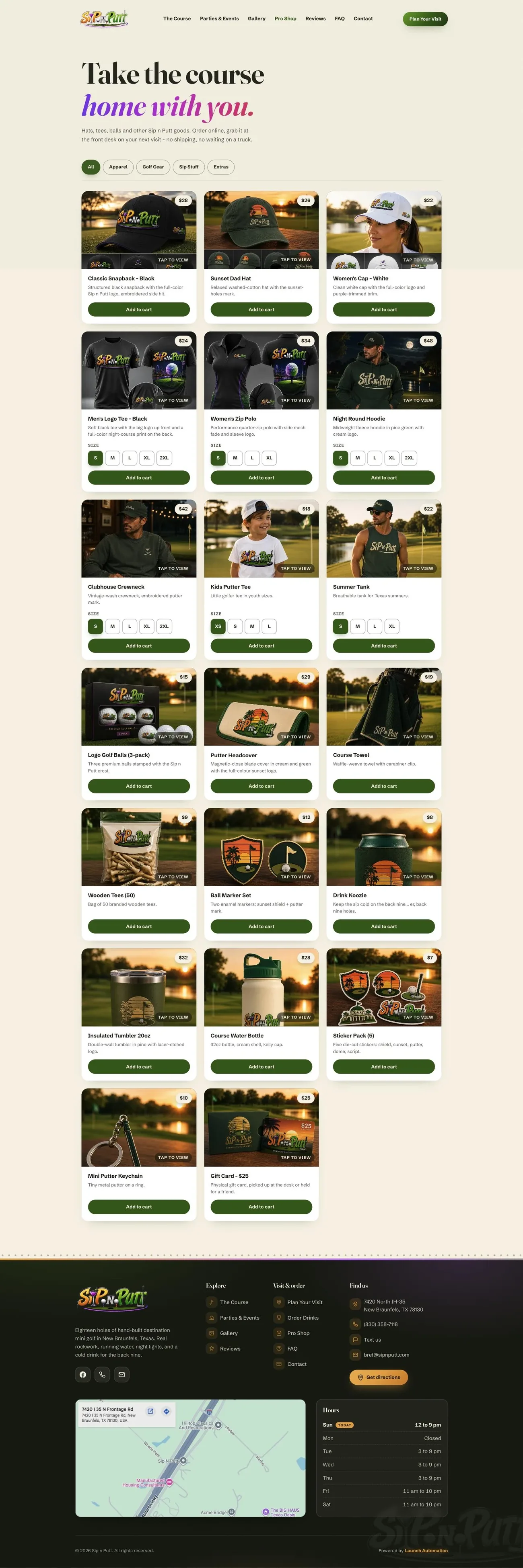 The full Sip n Putt pro shop page, top to bottom from the Apparel, Golf Gear, Sip Stuff and Extras filters through real photographed products: a classic snapback, a sunset dad hat, a women's cap, a men's logo tee, a women's zip polo, a night round hoodie, a clubhouse crewneck, a kids putter tee, a summer tank, logo golf balls, a putter headcover and a course towel, each with sizes and an add to cart button