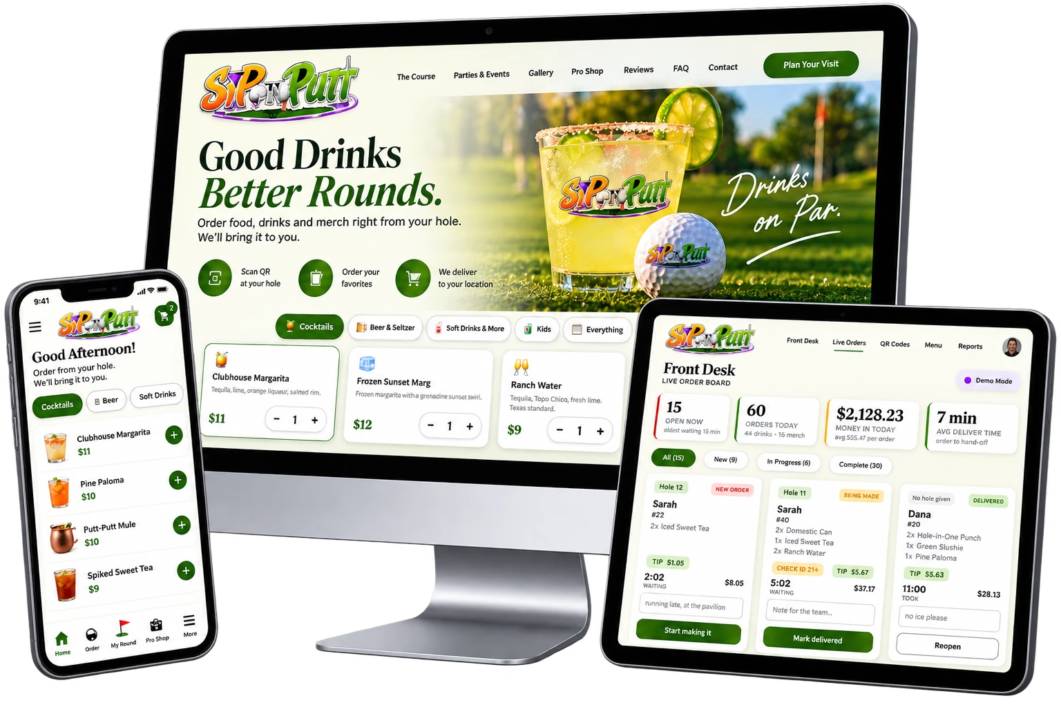 Sip n Putt guest ordering, front desk and pro shop shown on desktop, tablet and phone