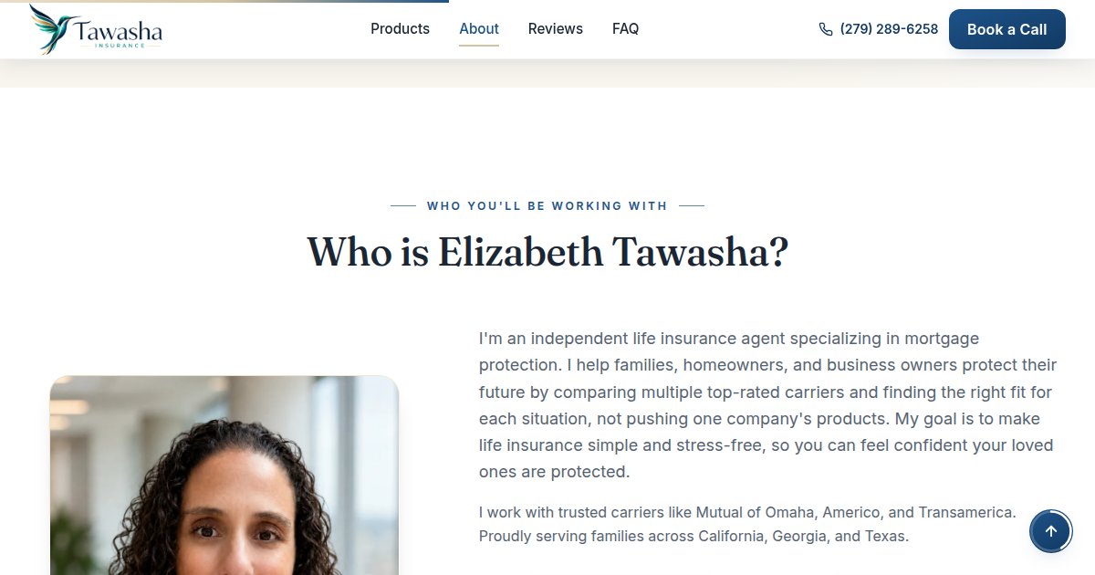 About Elizabeth Tawasha, licensed insurance agent, live page