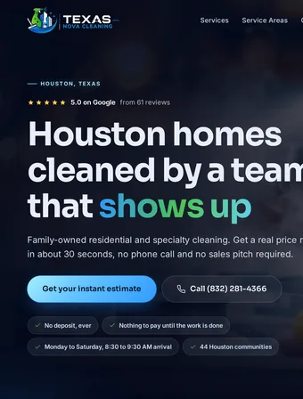 Homepage of the redesigned Texas Nova Cleaning site