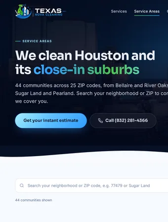 Service Areas page of the redesigned Texas Nova Cleaning site