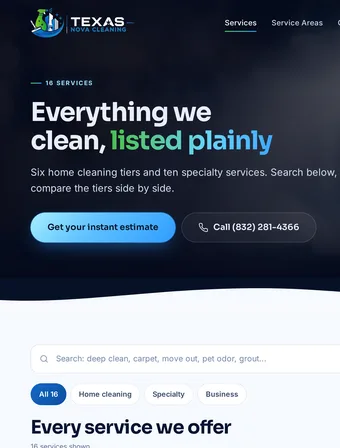 Services page of the redesigned Texas Nova Cleaning site