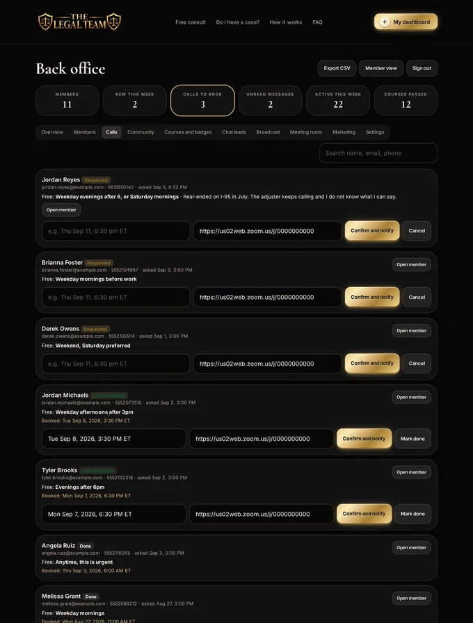 Admin calls tab listing free case review requests