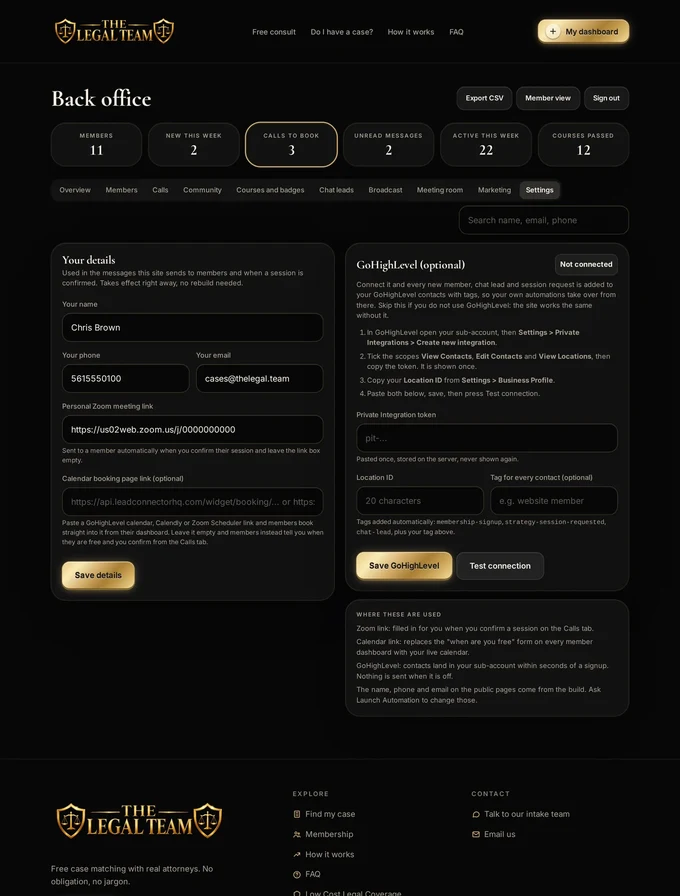 Admin settings tab with meeting link, calendar link and GoHighLevel connection