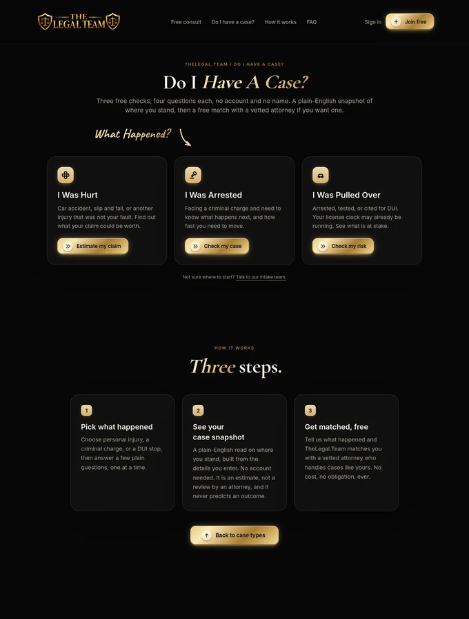 Case-check hub page with three doors: hurt, arrested, or pulled over
