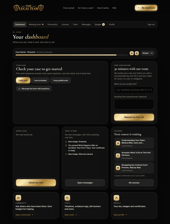 Member dashboard showing the saved case and a free case review button
