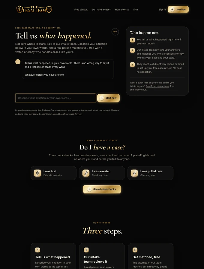 TheLegal.Team home page, the free-text intake form