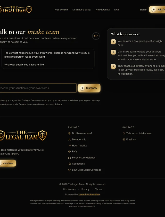 Start conversational intake page for texts, emails and QR codes