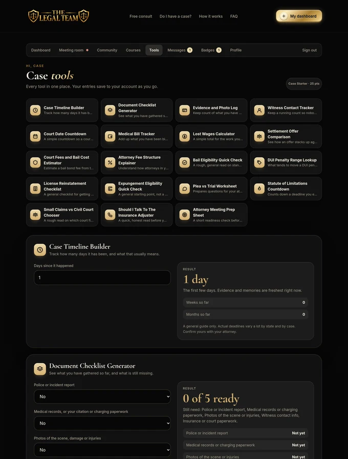 Catalog of 19 member case tools including Case Timeline Builder and Settlement Offer Comparison