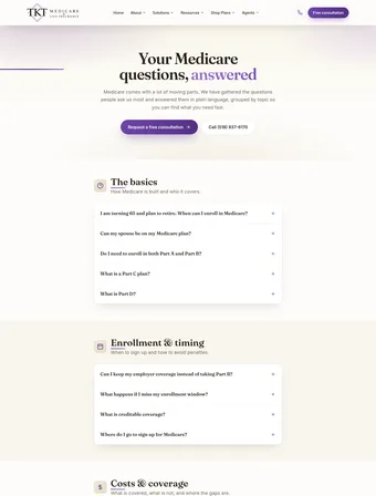 Medicare FAQs page of the redesigned TKT site