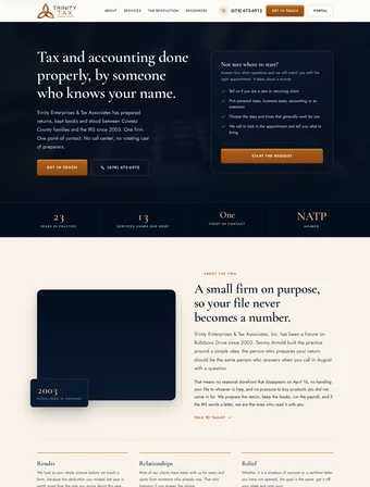 Homepage of the redesigned Trinity Tax Services site
