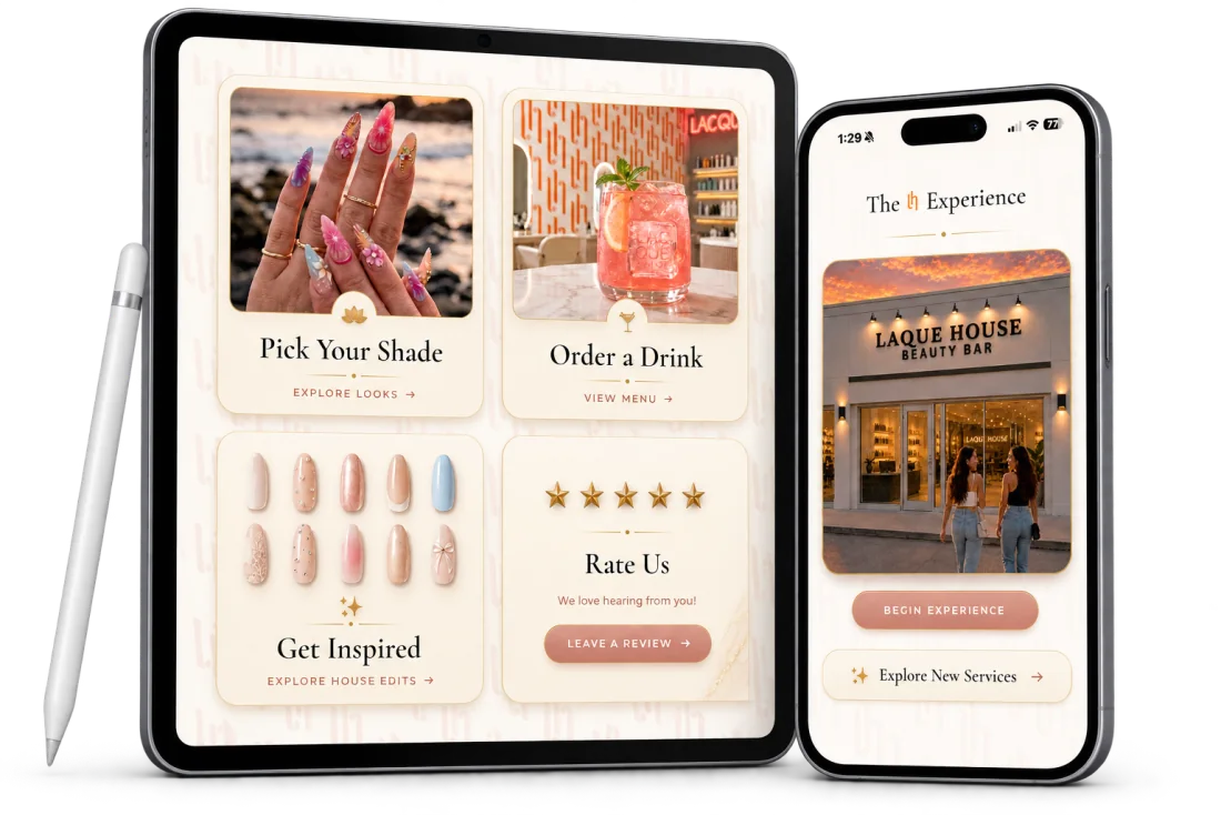 A tablet and phone showing the Lacque House in-salon experience app we built.